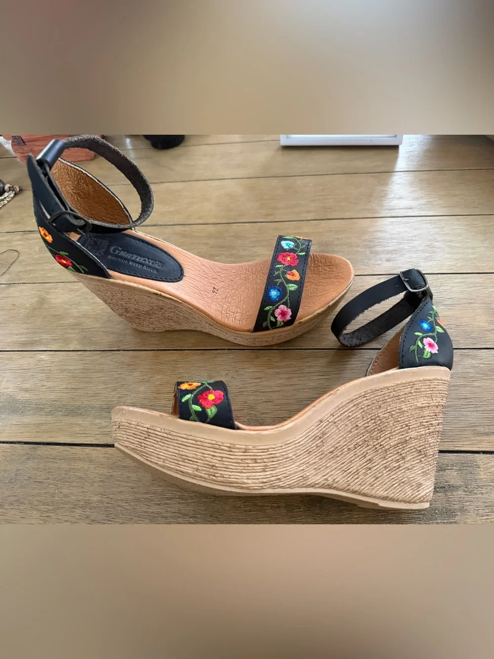 Embroidered Floral Ankle-Strap Wedges in Black